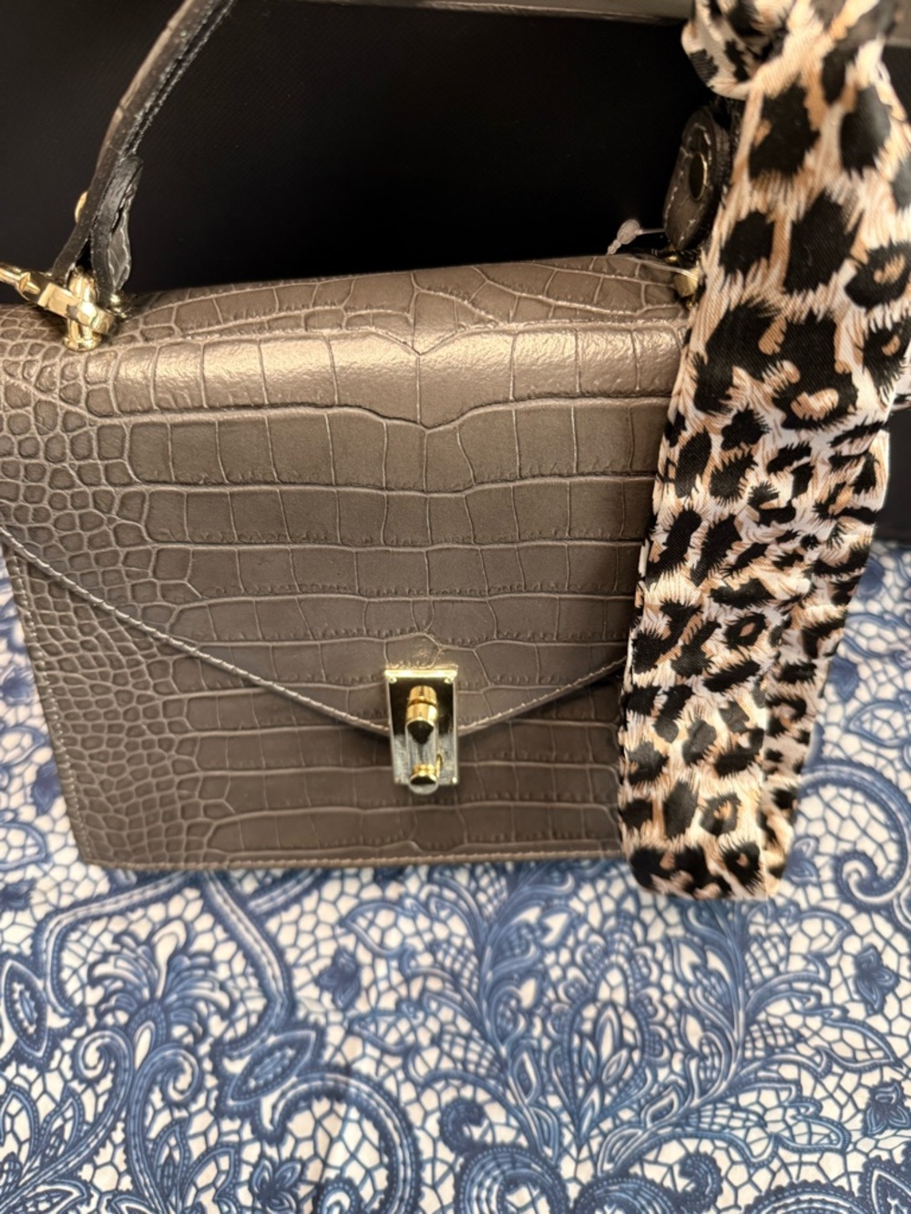 Structured Croc-Embossed Gray Satchel with Gold Hardware